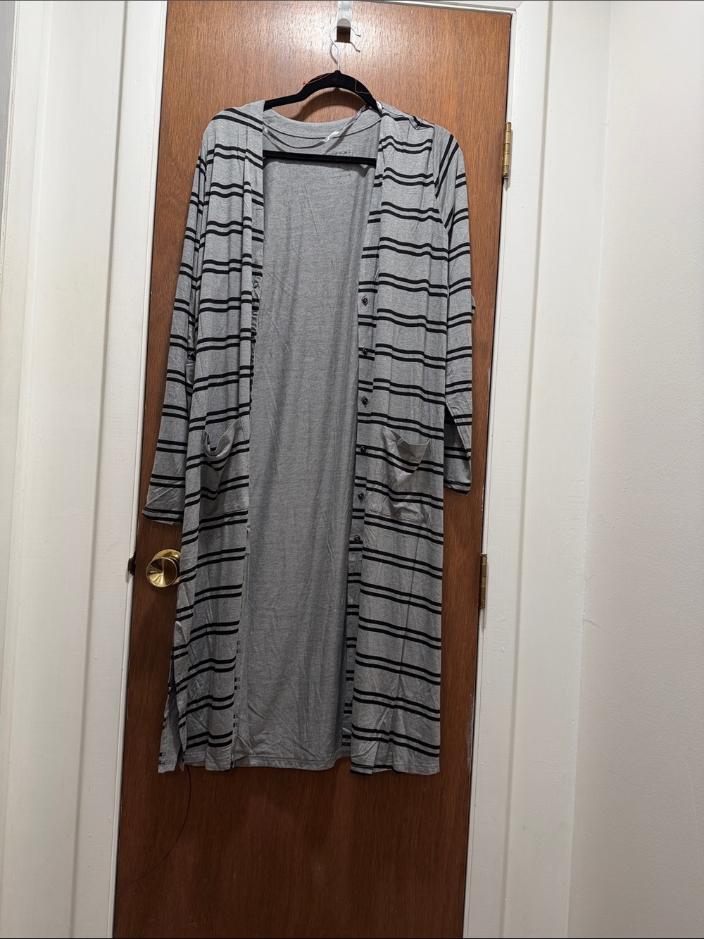 Super Soft by Torrid.  Gray and Black Striped Open snap front duster.